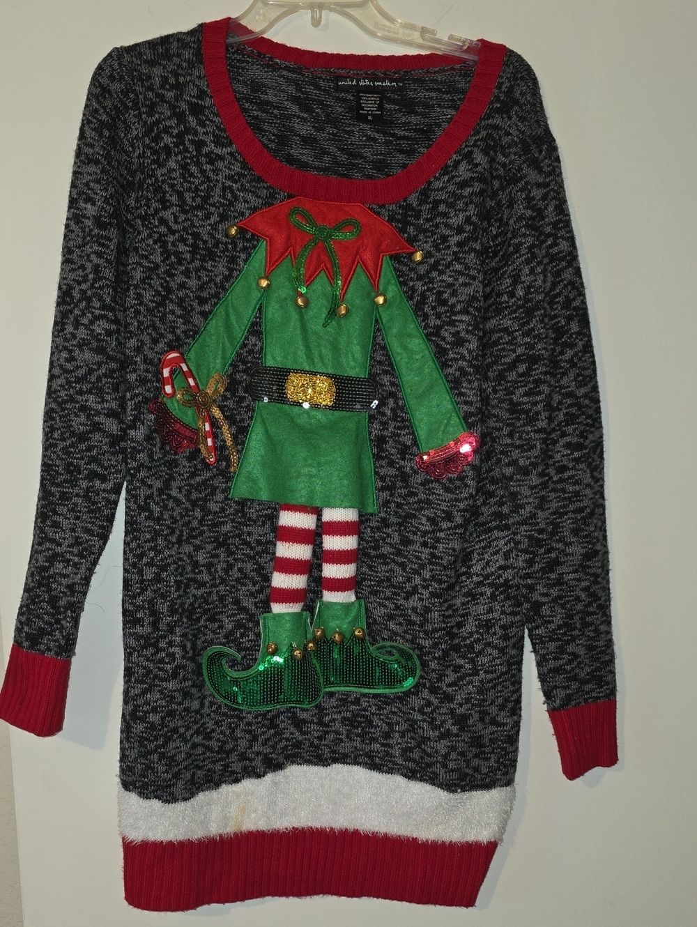 united states sweaters Black Heather Knit Elf Appliqué Sweater with Red Trim
